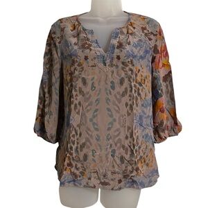 Women’s Tianello Washable Silk Teylyne Blouse V Neck Animal Floral Print Small